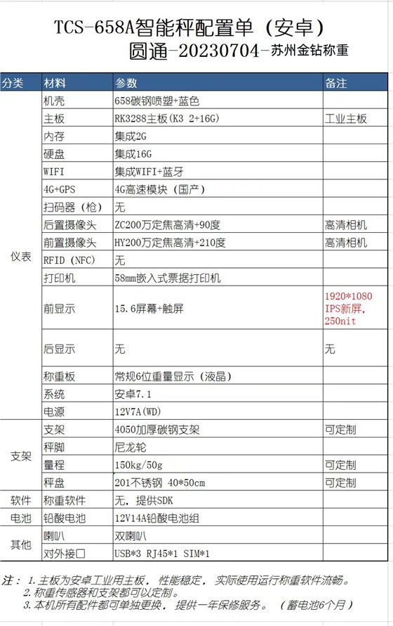 TCS-658A智能秤配置單